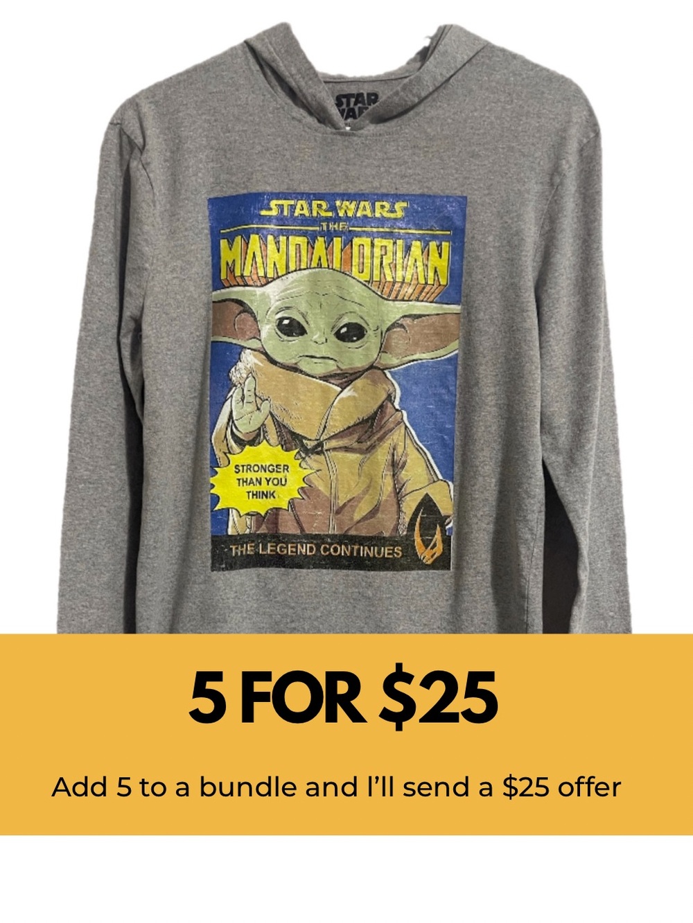 Star Wars Grey Long Sleeve Mandalorian Grogu Hooded Graphic Tee